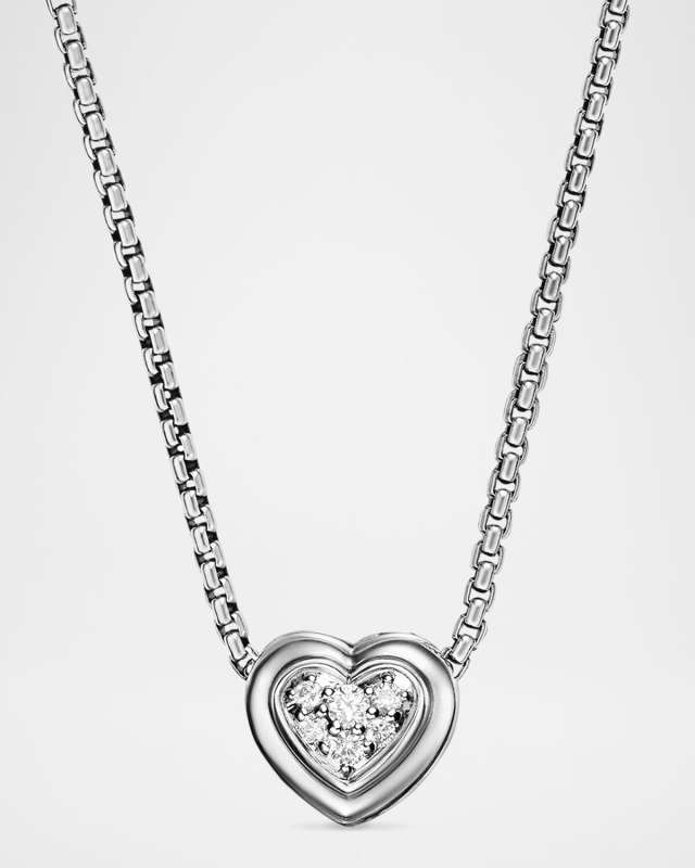 Puffy Heart Pendant Necklace in Silver with Diamonds, 8mm, 18"L